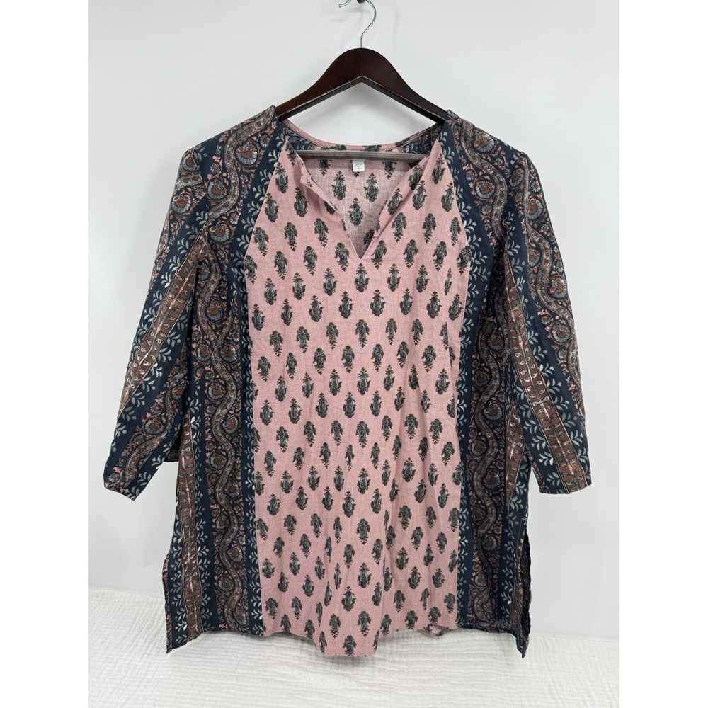 Pure Jill J Jill Linen Cotton Blue Pink Floral Boho Top 3/4 Sleeves 2X
